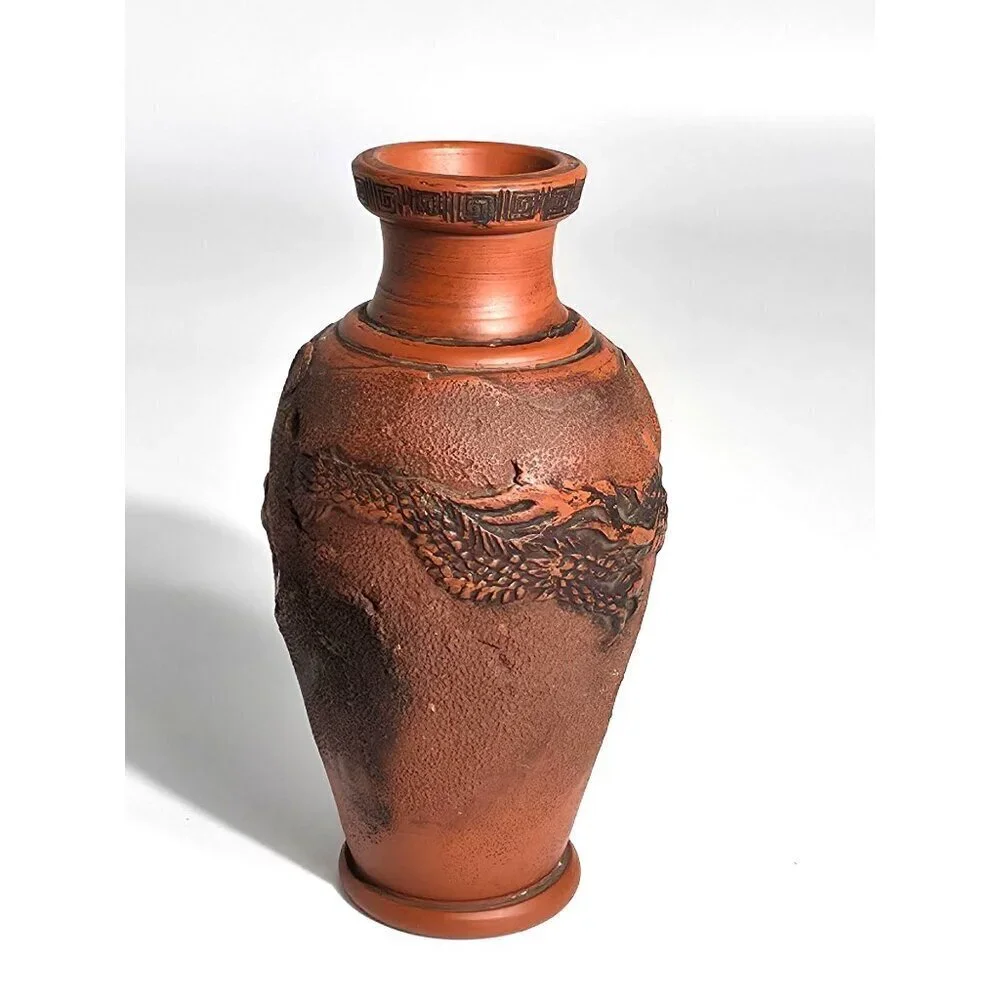 Tokonama Red Clay Dragon Motif Vase Textured Finish Intricate Dragon Carvings
